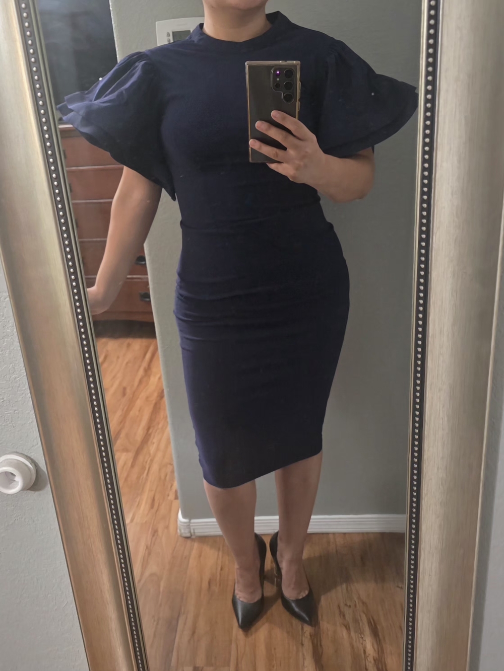 Classic Navy Midi Dress with Puff Sleeves